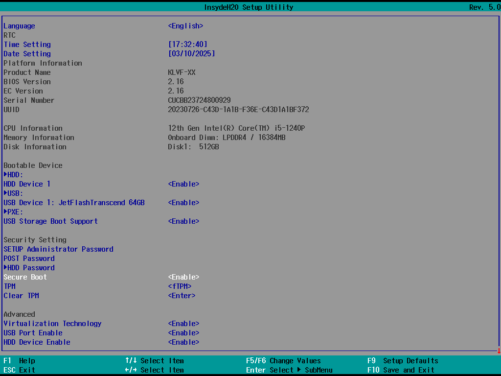 Screenshot of BIOS Setup screen with SecureBoot enabled