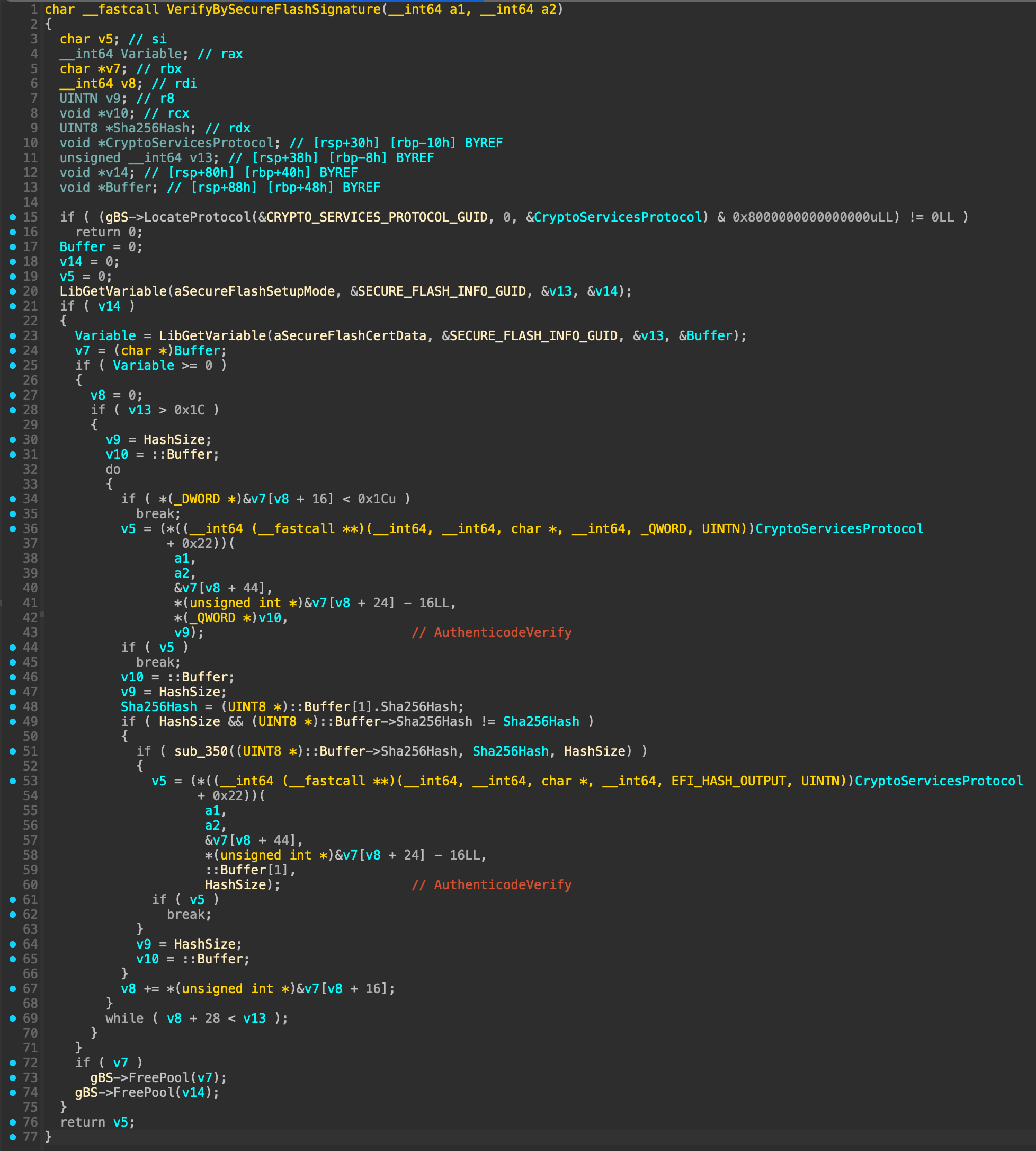 VerifyBySecureFlashSignature function in SecurityStubDxe decompiled by IDA 9.1 with efiXplorer